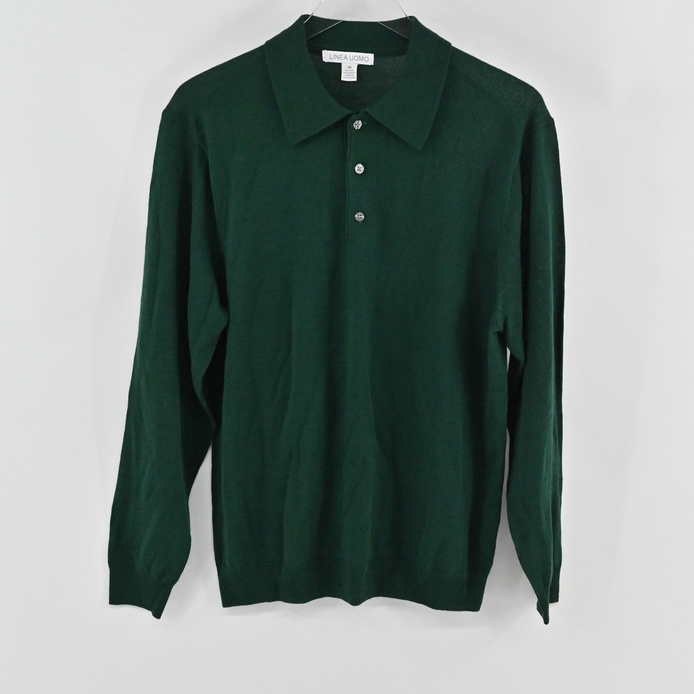 Linea Uomo Wool Sweater Mens Size M Green Long Sleeve Polo Knit Henley Preppy